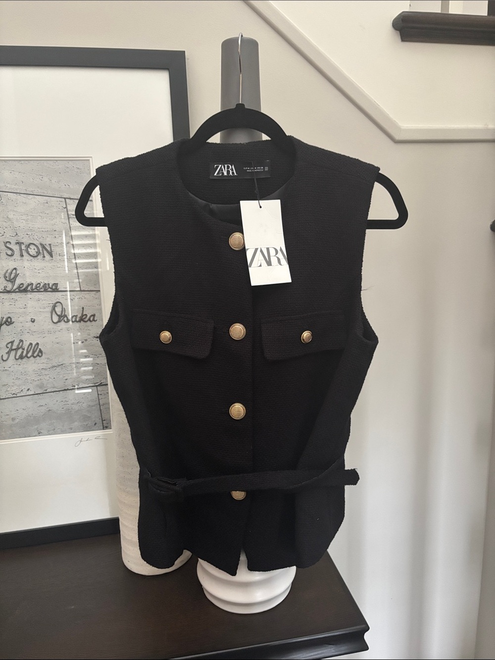 Zara Black Sleeveless Belted Vest with Gold Buttons
